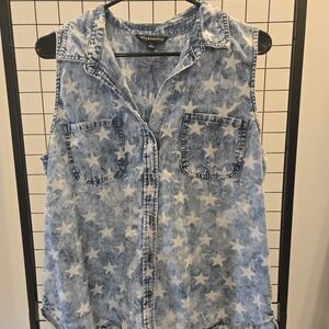 Rock & Republic Blue Star-Print Sleeveless Button-Down Shirt
